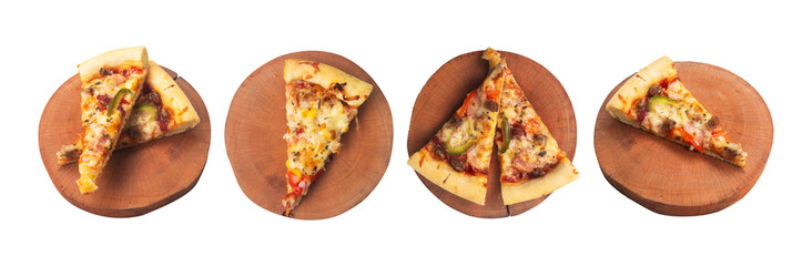 A collection of pizza slices on a wooden board isolated on a white background. Taken from a high angle.