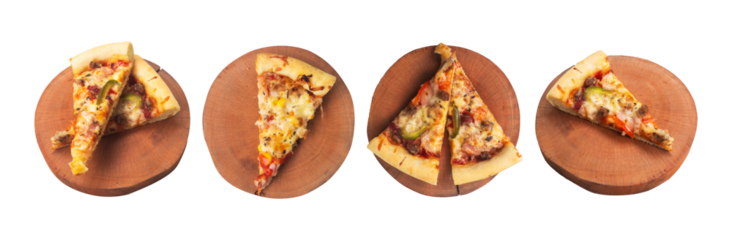 A collection of pizza slices on a wooden board isolated on a white background. Taken from a high angle.