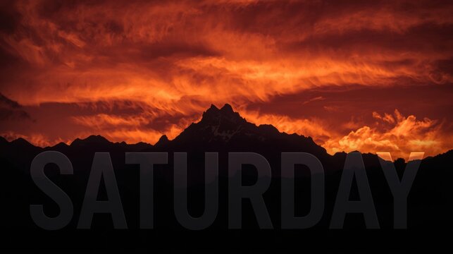 Dramatic fiery sunset over silhouetted mountain range with saturday text