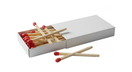 Opened matchbox with numerous red-tipped wooden matches and scattered sticks