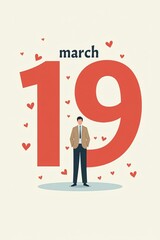 Obraz premium Man standing before large march nineteenth date with hearts