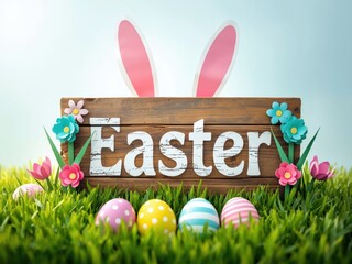 Easter bunny ears behind wooden sign with decorated eggs in green grass