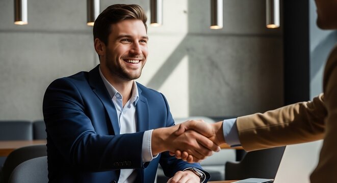 Cheerful businessman shaking hands with a colleague after successfully finalizing an agreement in a modern cafe.