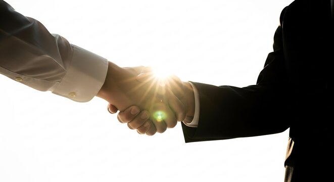 Two business professionals shaking hands in dramatic back light with bright sunburst effect - Powered by Adobe