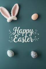 Happy easter greeting with bunny ears and decorated eggs on a dark background