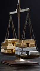 Gold bar silver bar place justice balance scale equality fairness legal judgment world precious metal.