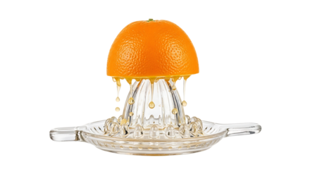 Freshly squeezed orange juice dripping from citrus reamer, a vibrant image perfect for healthy recipes, breakfast promotions, and wellness campaigns worldwide