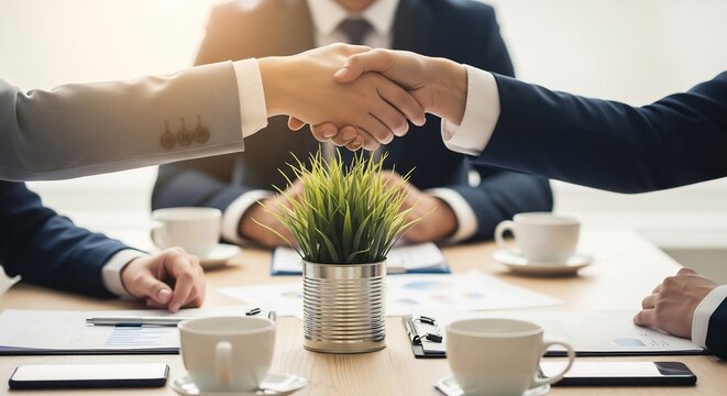 Business people shaking hands in agreement over a conference table with reports and coffee cups. - Powered by Adobe