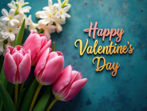 Pink tulips and white flowers with happy valentine s day message