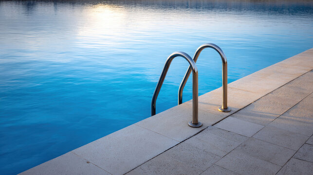 Serene Morning Light Reflecting on Empty Swimming Pool Under Bright Sky at Dawn