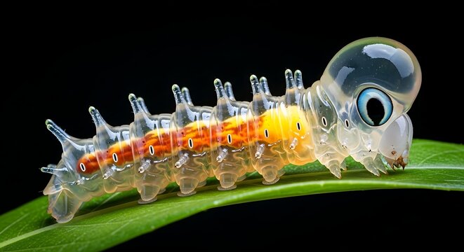 Close up of a glasswing caterpillar on a green leaf with a black background in macro view