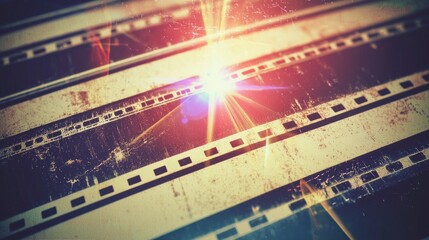 Retro cinematic background featuring grungy filmstrips and a brilliant light leak effect from an old projector