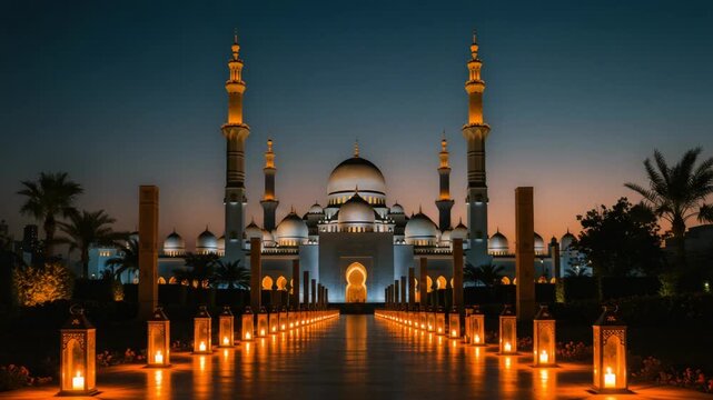 Magnificent Grand Mosque at twilight illuminated path leading to architectural masterpiece  at dusk