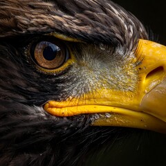 Close-up of an eagle?s eye and beak, brown eye and yellow beak