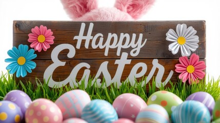 Easter bunny peeking over happy easter sign with colorful eggs and flowers