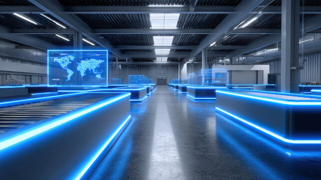 Futuristic Logistics Hub with Robotic Vehicles and AI Technology in a High-Tech Warehouse Environment