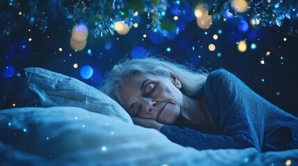 Serene Sleep An Elderly Woman Enjoys Tranquility Under a Sky of Sparkling Lights at Night