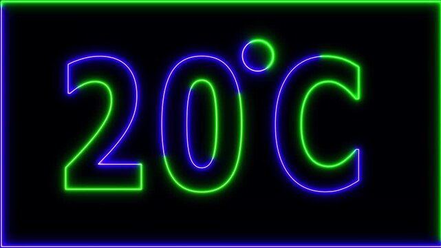 Neon 20&deg;C temperature display showing on black background. Weather temperature displays by degree, climate change, Scientific designs.