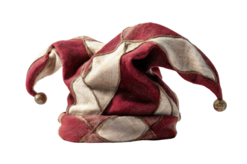 Red and beige harlequin jester hat with golden bells on black background costume medieval, Isolated On Black Background, Png Transparent Background, Cut Out
