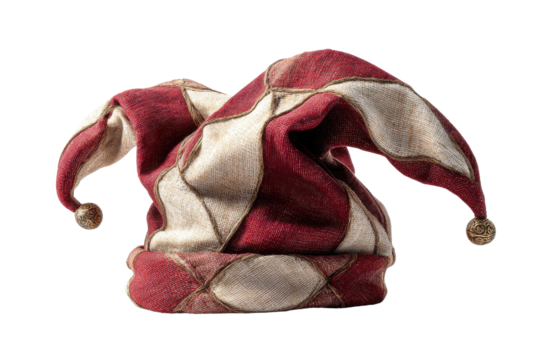 Red and beige harlequin jester hat with golden bells on black background costume medieval, Isolated On Black Background, Png Transparent Background, Cut Out