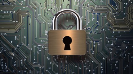 Cyber Security Lock on Circuit Board Protecting Digital Data