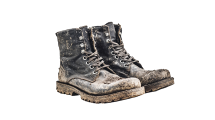 Dirty muddy footwear with heavy soil stains and rugged texture, perfect for outdoor, hiking, and adventure themed visuals isolated on white background