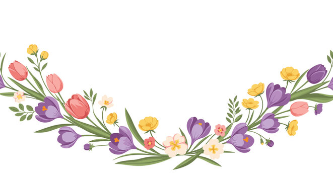 A charming arch of blooming spring flowers including tulips, crocuses, and buttercups on a white background.