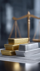 Gold bar silver bar place justice balance scale equality fairness legal judgment world precious metal.