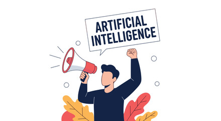 An illustration of a man advocating for artificial intelligence, using a megaphone to project his voice and a raised fist to represent a powerful movement.