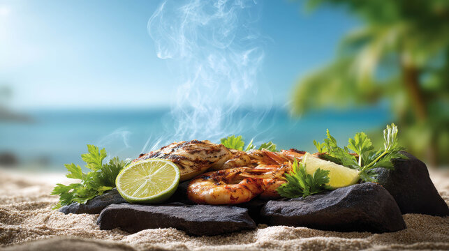 Rustic Beachside Barbecue Scene Featuring Grilled Shrimp and Lime on Stones with Tropical Background and Soft Waves