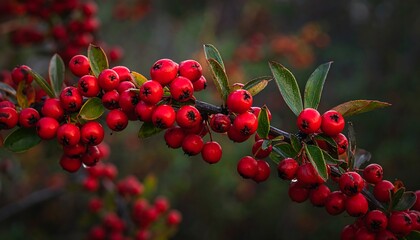 Close-up of bright red berries on a branch with green leaves