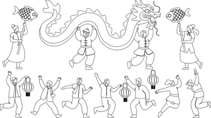 Outline Drawing of Chinese New Year Celebration Dragon Dance, Fish Lanterns, and Joyful People