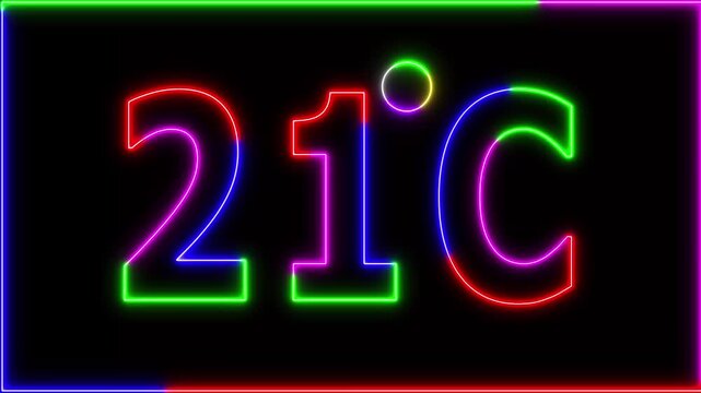 Neon 21&deg;C temperature display showing on black background. Weather temperature displays by degree, climate change, Scientific designs.