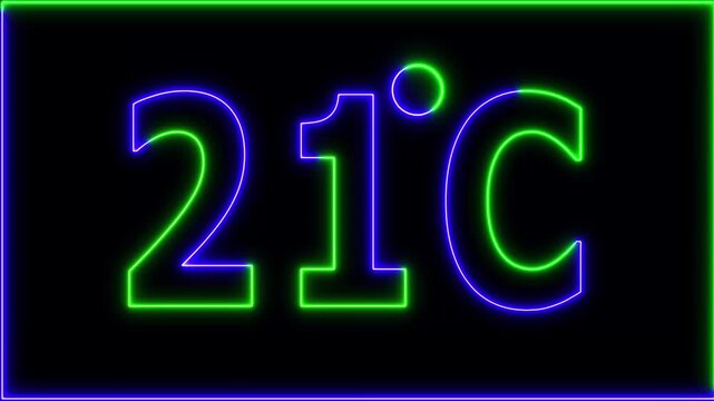 Neon 21&deg;C temperature display showing on black background. Weather temperature displays by degree, climate change, Scientific designs.