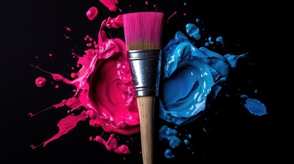 A vibrant paint brush creating a dynamic splash of contrasting pink and blue colors against a dark background, symbolizing artistic expression and creativity