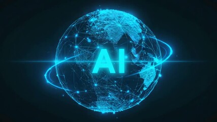 Glowing Digital Globe with AI Text and Data Network Connections - Powered by Adobe