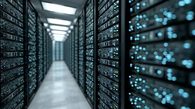 Shimmering server rack data center corridor with blue lights, network hardware and cyber security vibe, cinematic cool tone depth of field precision power, futuristic cloud computing digital storage