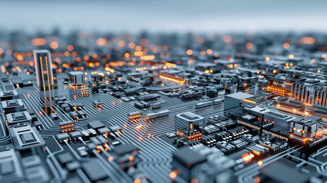 Futuristic circuit board microchip semiconductor technology electronics motherboard data network neon glow macro view illuminated PCB traces components citylike pattern cyberpunk skyline innovation