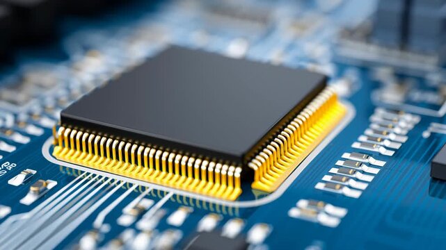 Microchip processor circuit motherboard technology gold blue closeup hardware electronics sleek microchip with gold pins blue circuit board, sharp focus modern mood highlighting processor electronic