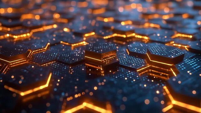 Abstract digital honeycomb pattern with glowing edges and surface details.