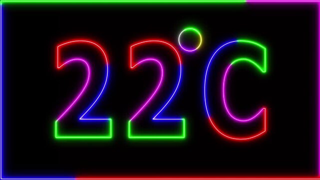 Neon 22&deg;C temperature display showing on black background. Weather temperature displays by degree, climate change, Scientific designs.
