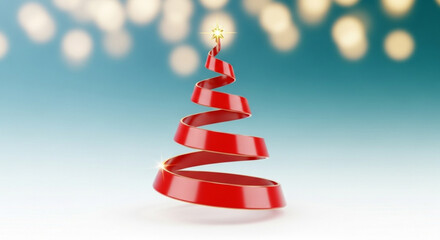 A festive christmas tree made of red ribbon, adorned with a shining star, stands against a backdrop of twinkling bokeh lights, evoking the holiday spirit and cheer