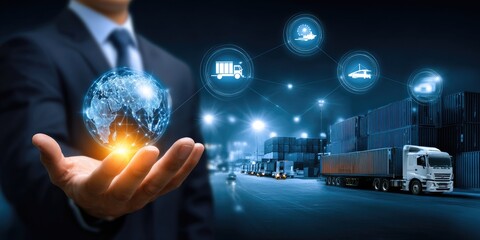 Innovative logistics solutions enhancing global supply chain management warehouse environment digital visualization nighttime viewpoint