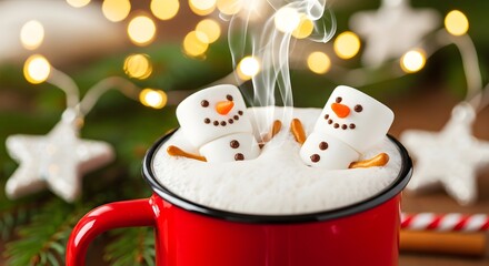 Cozy snowman marshmallows floating in hot chocolate with festive lights