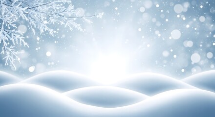 Soft snow drifts under falling snowflakes and frosty branches