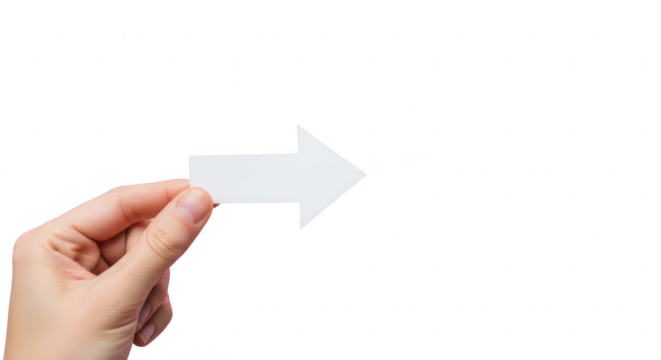 Human hand holding a white paper arrow pointing right, indicating direction or progress