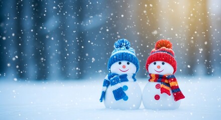 Fototapeta premium Two adorable snowmen wearing hats and scarves in a snowy forest