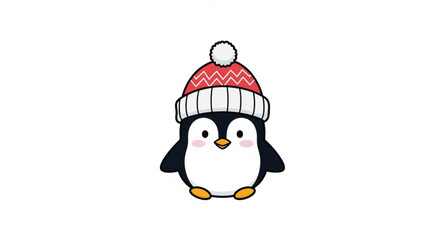 Cute penguin in a red hat isolated on cartoon character for christmas and new year design vector illustration for greeting card, poster, banner