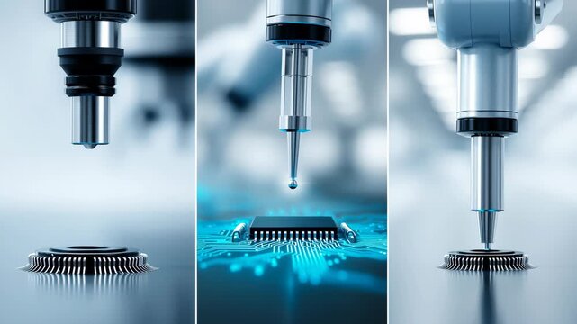 Robotic soldering precision assembly microchip circuit board automated manufacturing industrial robot PCB surface mount electronics blue light macro technology engineering robot arm factory cleanroom