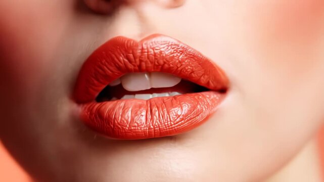 Extreme close-up of a woman's beautiful, full red lips with lipstick.